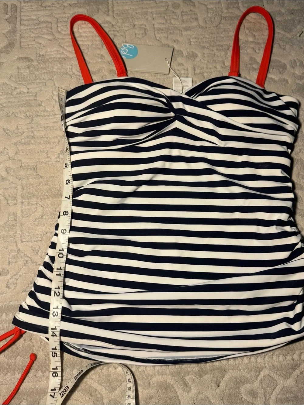 Boden white and navy striped swim suit tank top with orange straps and tie side🗻